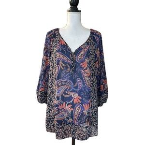NWT CHAPS Paisley Floral Lightweight Peasant Top Women’s SZ L in Indigo Multi